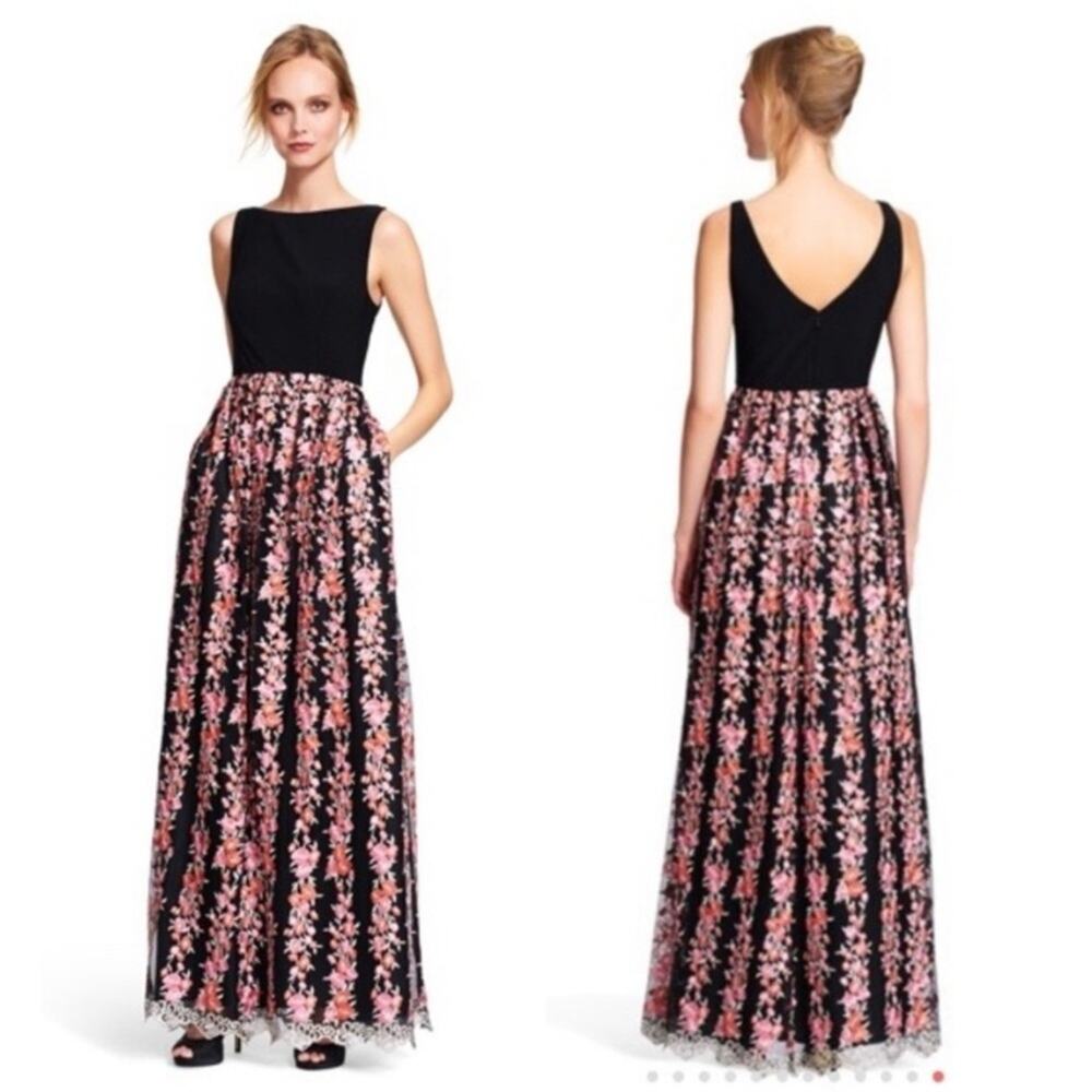 NWT Adrianna Papell Embroidered Gown Black Floral Lace Maxi Dress Formal 2 $249